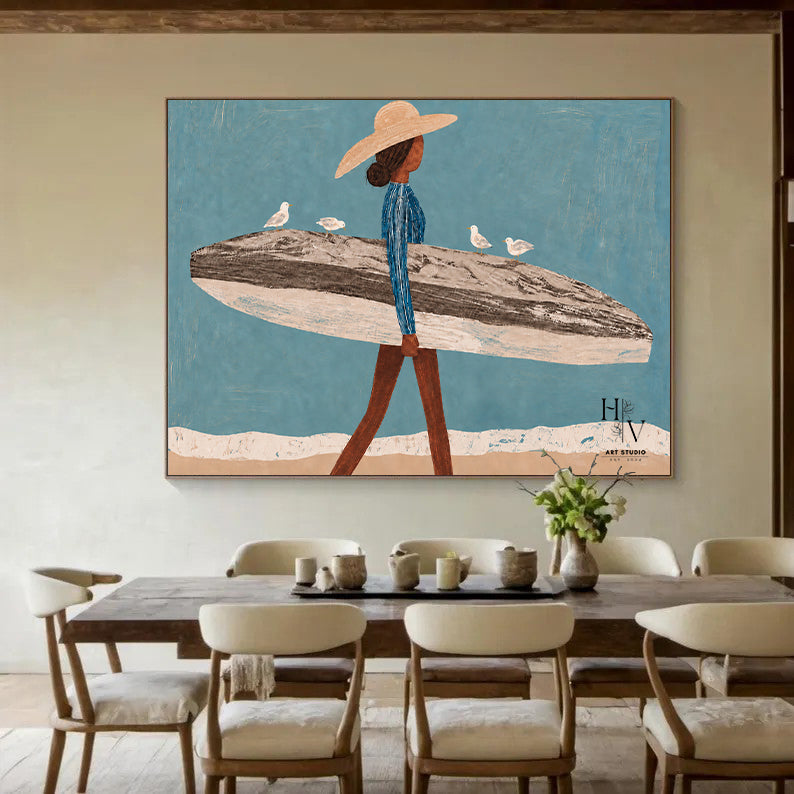 Figure | Woman with Surfboard and Seagulls