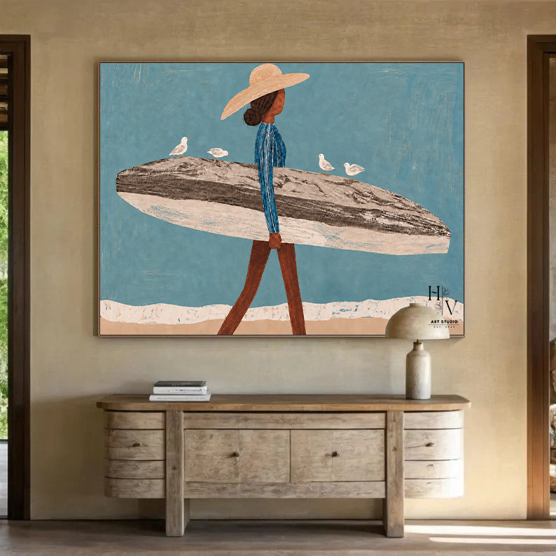 Figure | Woman with Surfboard and Seagulls