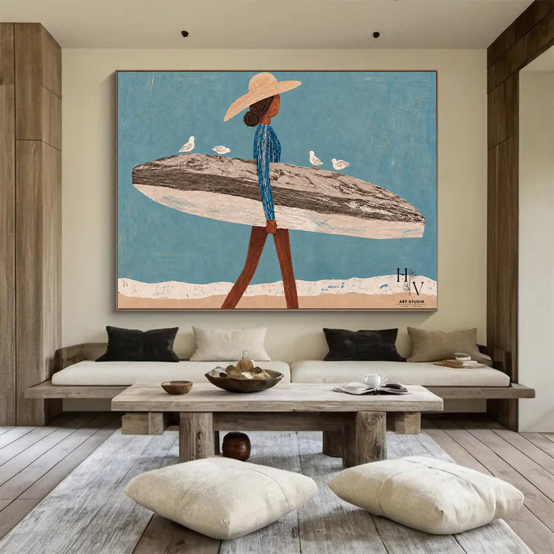 Figure | Woman with Surfboard and Seagulls