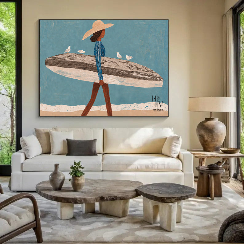 Figure | Woman with Surfboard and Seagulls