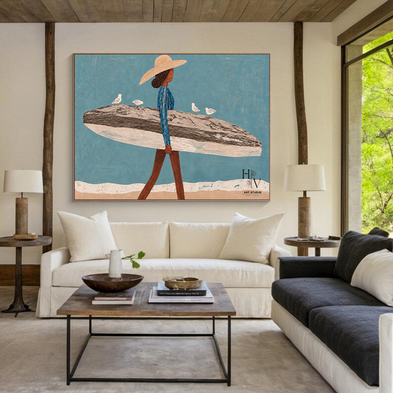 Figure | Woman with Surfboard and Seagulls