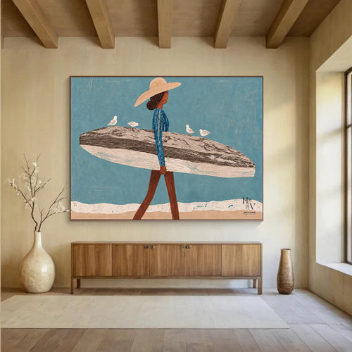 Figure | Woman with Surfboard and Seagulls