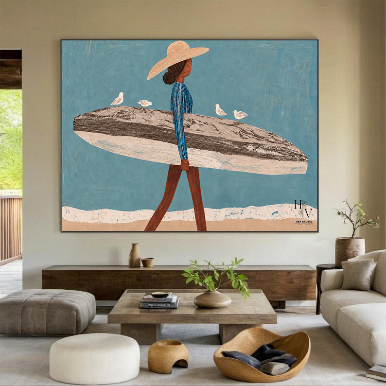 Figure | Woman with Surfboard and Seagulls