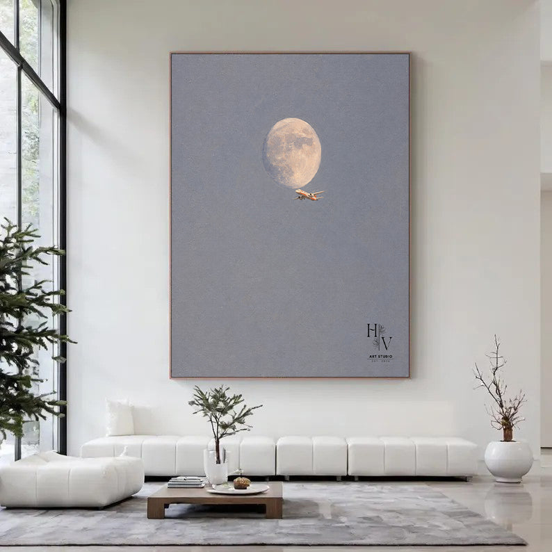 Minimalist | Airplane Soaring Over the Moon