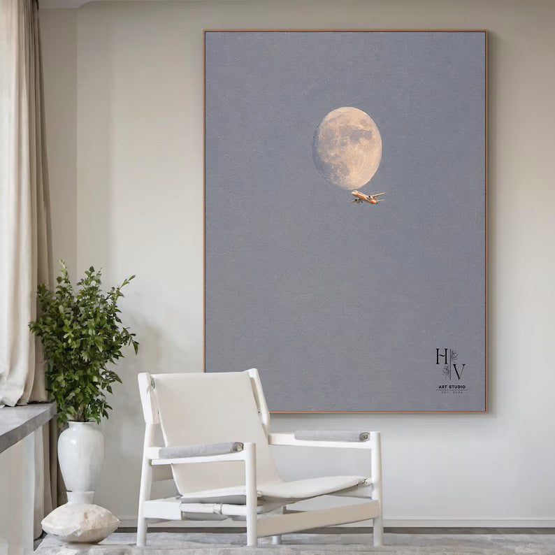 Minimalist | Airplane Soaring Over the Moon