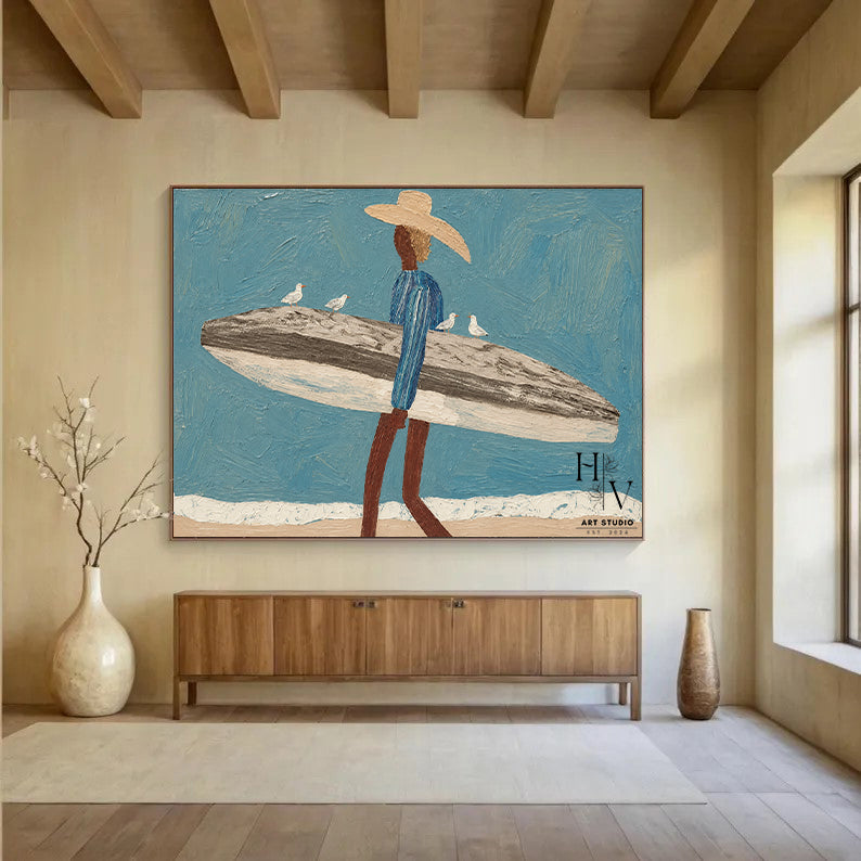 Figure | Man with Surfboard and Seagulls